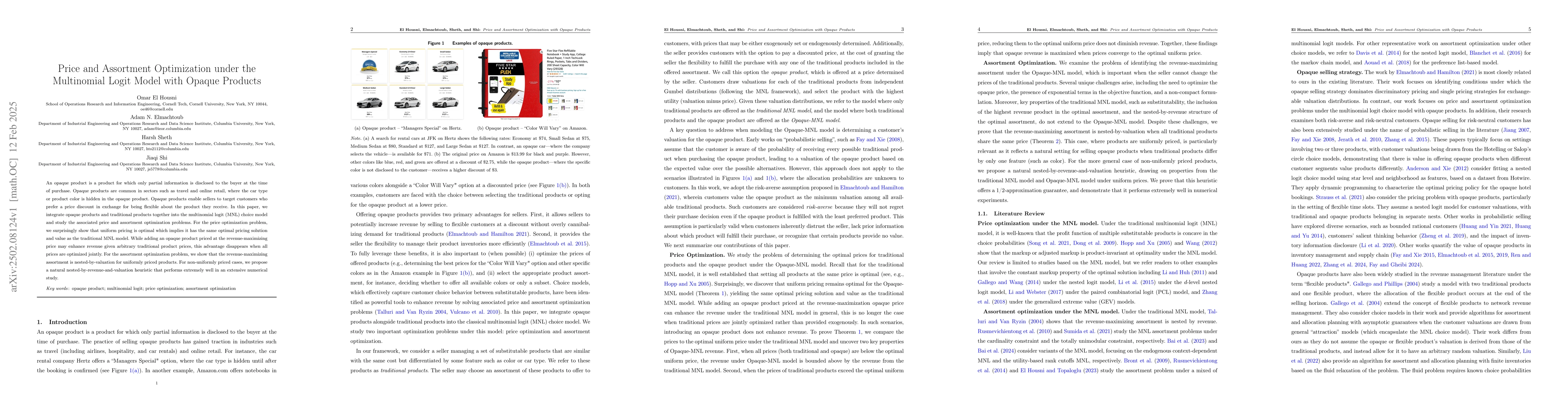 Thumbnail for Price and Assortment Optimization under the Multinomial Logit Model with
  Opaque Products