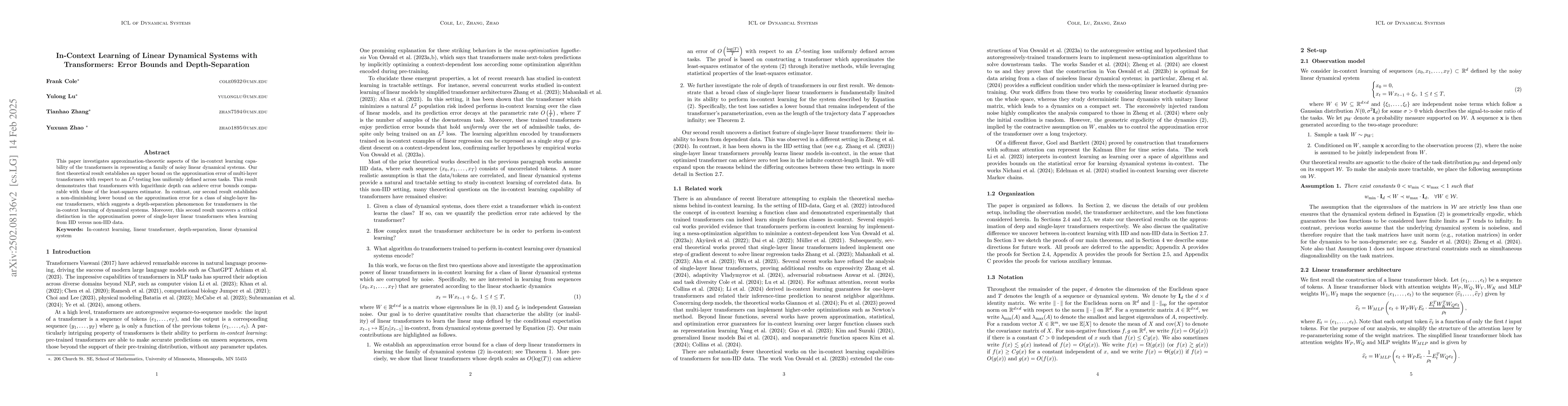 Thumbnail for In-Context Learning of Linear Dynamical Systems with Transformers: Error
  Bounds and Depth-Separation