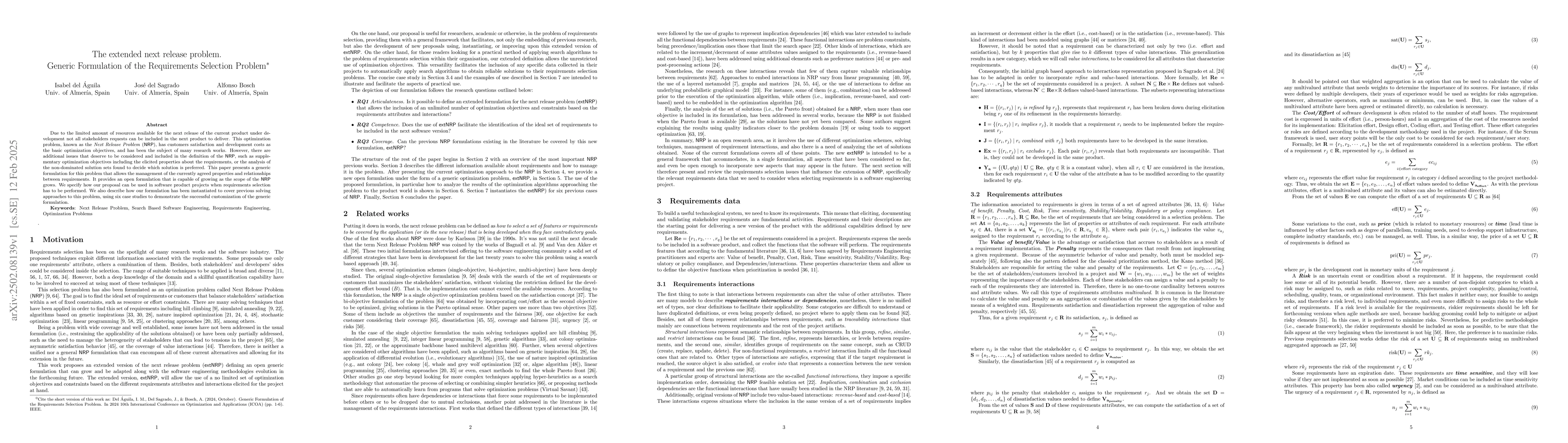 Thumbnail for The extended next release problem. Generic Formulation of the
  Requirements Selection Problem