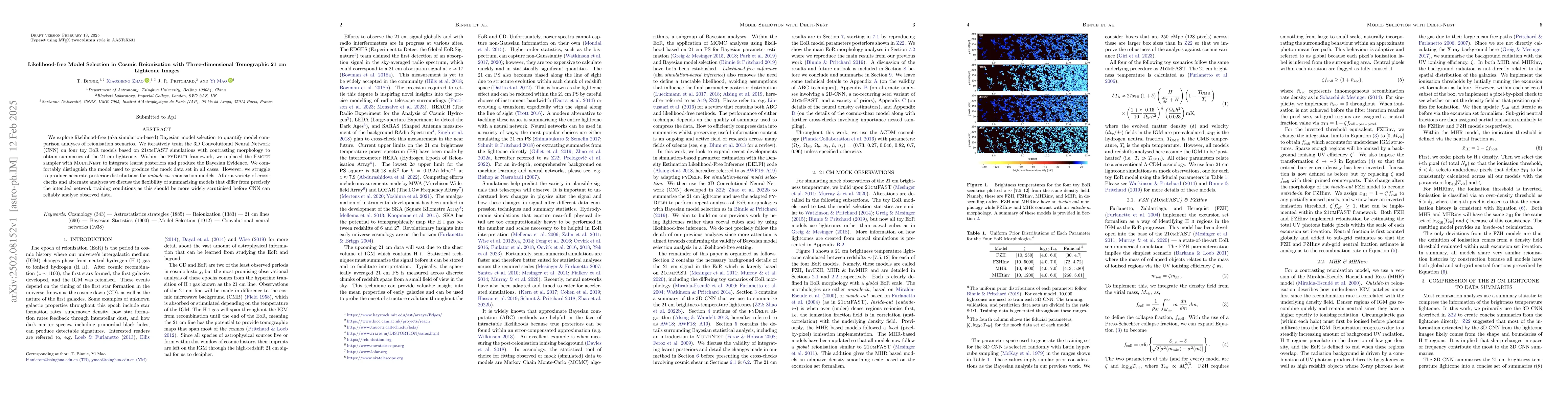 Thumbnail for Likelihood-free Model Selection in Cosmic Reionization with
  Three-dimensional Tomographic 21 cm Lightcone Images