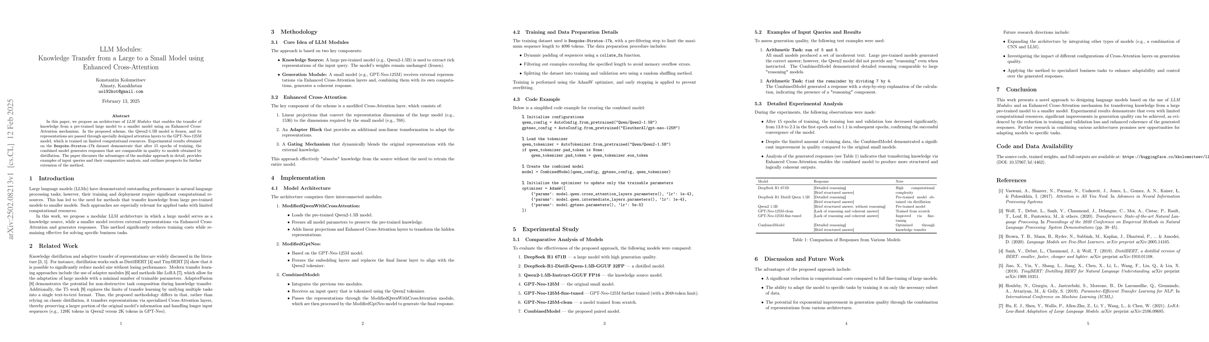 Thumbnail for LLM Modules: Knowledge Transfer from a Large to a Small Model using
  Enhanced Cross-Attention
