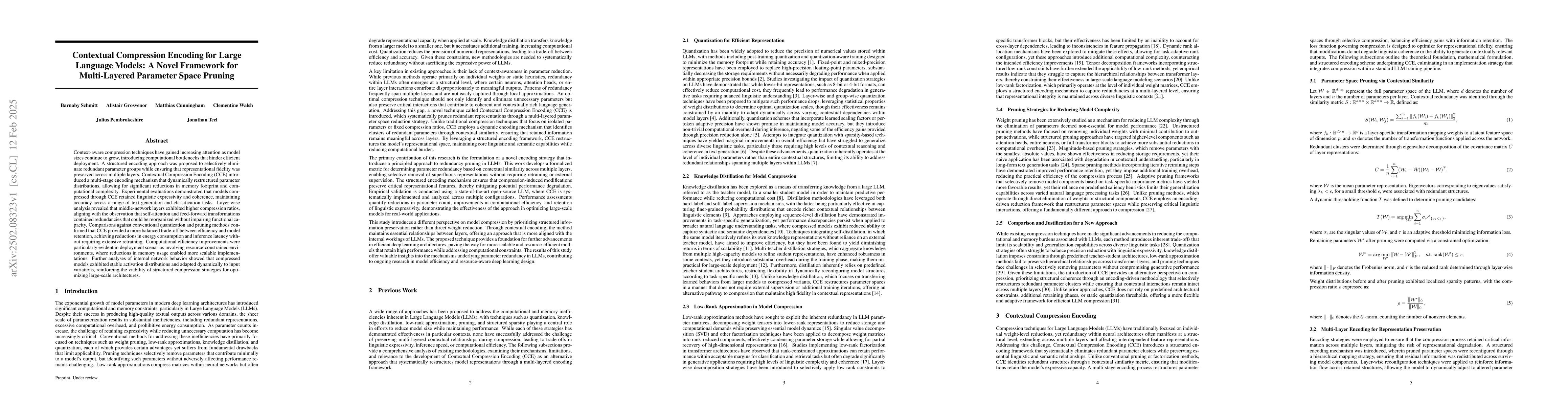 Thumbnail for Contextual Compression Encoding for Large Language Models: A Novel
  Framework for Multi-Layered Parameter Space Pruning