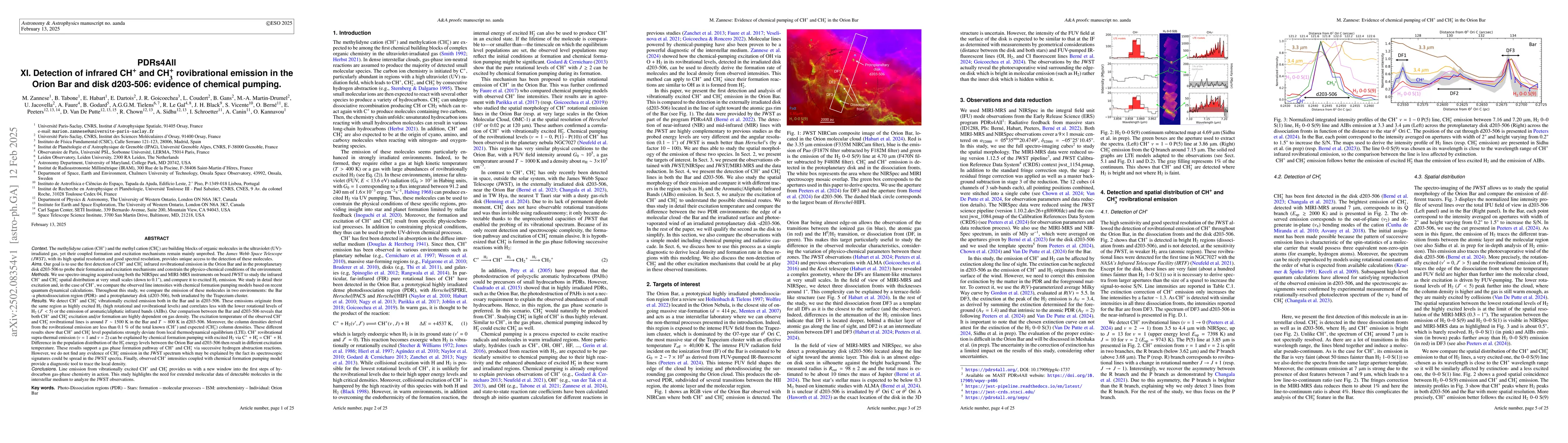 Thumbnail for PDRs4All XI. Detection of infrared CH$^+$ and CH$_3^+$ rovibrational
  emission in the Orion Bar and disk d203-506: evidence of chemical pumping
