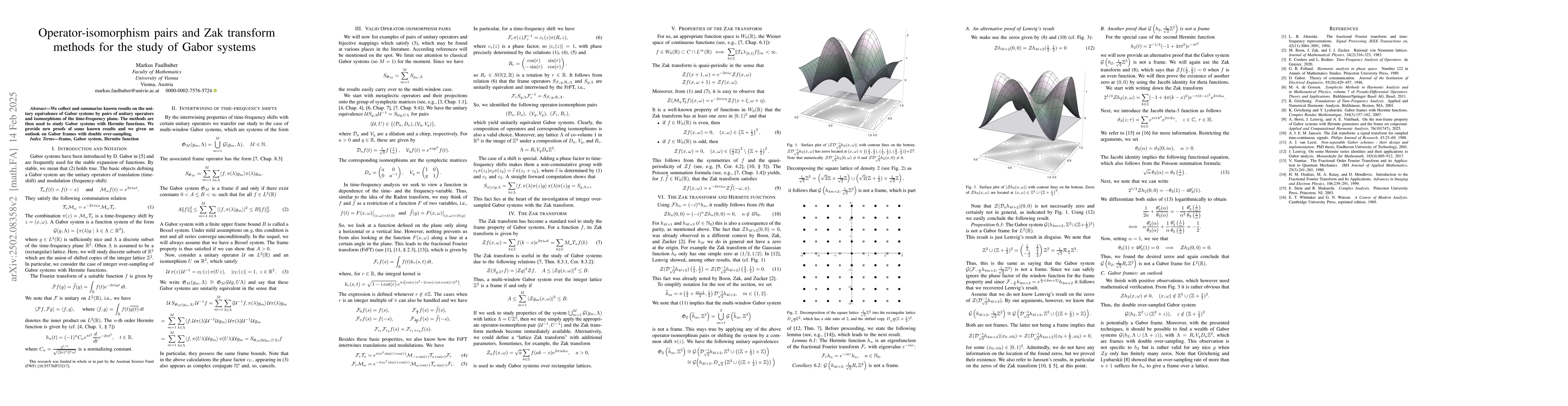 Thumbnail for Operator-isomorphism pairs and Zak transform methods for the study of
  Gabor systems