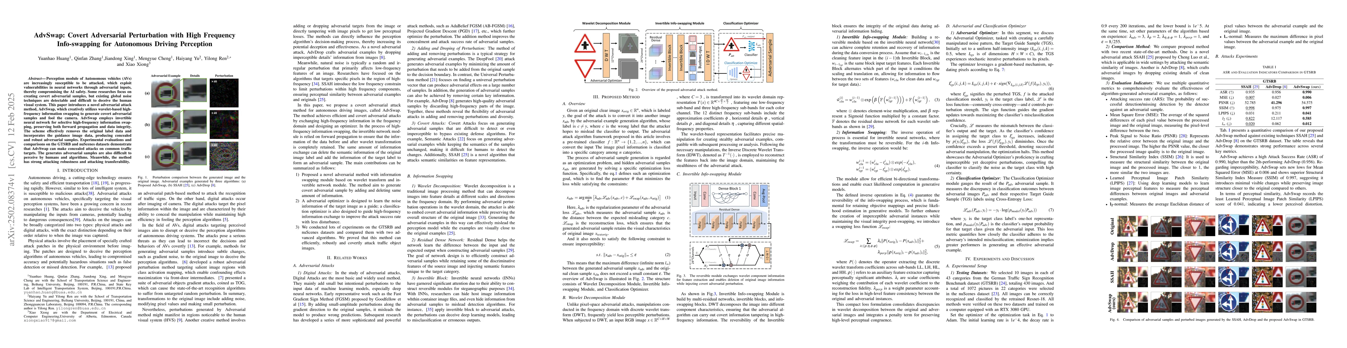 Thumbnail for AdvSwap: Covert Adversarial Perturbation with High Frequency
  Info-swapping for Autonomous Driving Perception