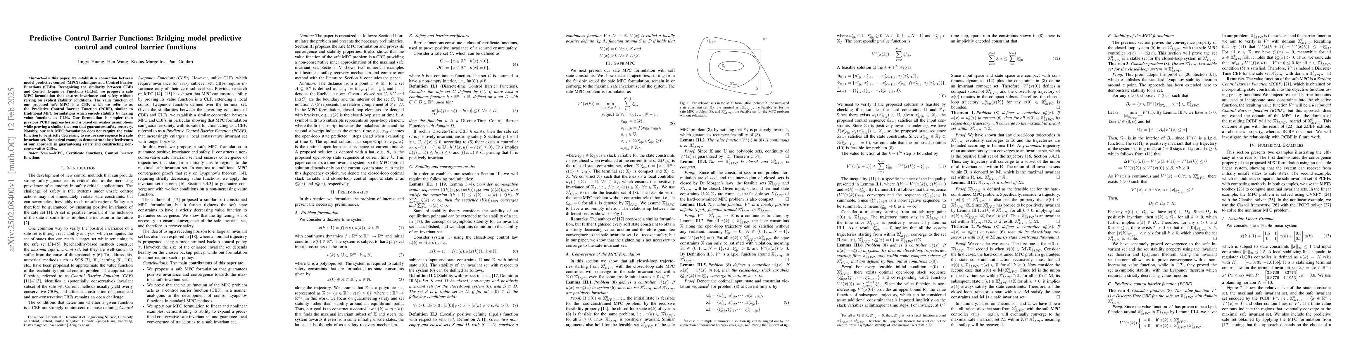 Thumbnail for Predictive Control Barrier Functions: Bridging model predictive control
  and control barrier functions