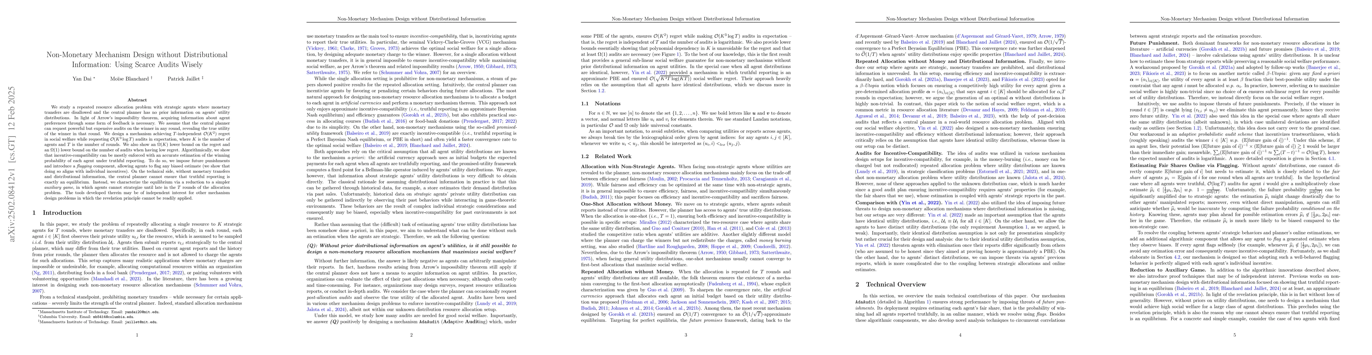 Thumbnail for Non-Monetary Mechanism Design without Distributional Information: Using
  Scarce Audits Wisely