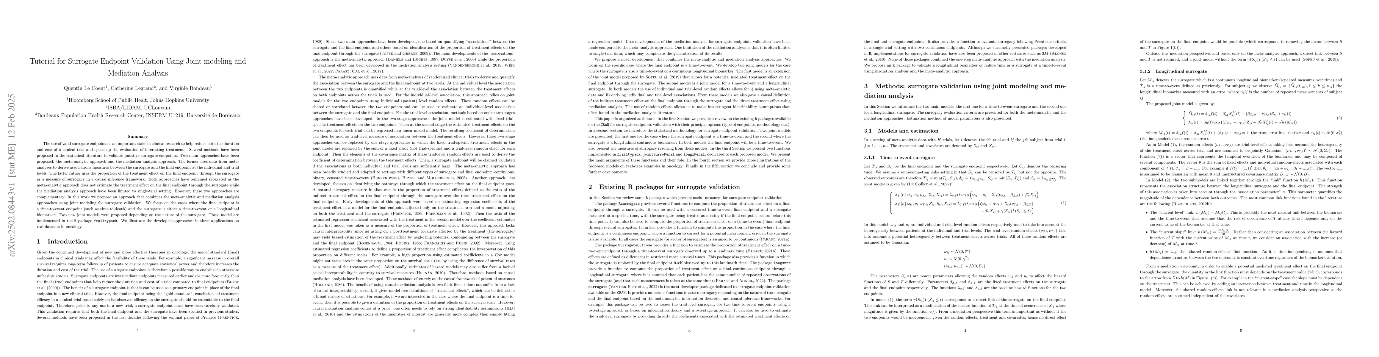 Thumbnail for Tutorial for Surrogate Endpoint Validation Using Joint modeling and
  Mediation Analysis