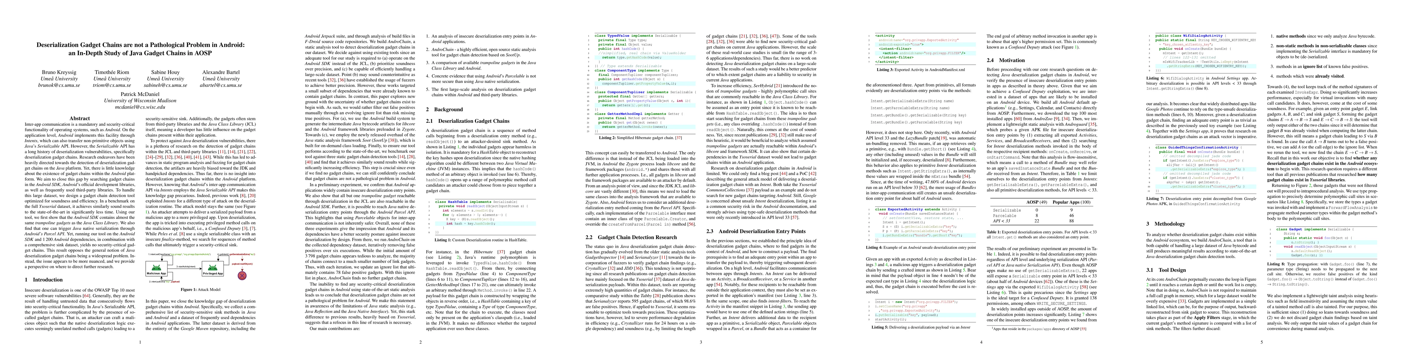 Thumbnail for Deserialization Gadget Chains are not a Pathological Problem in
  Android:an In-Depth Study of Java Gadget Chains in AOSP