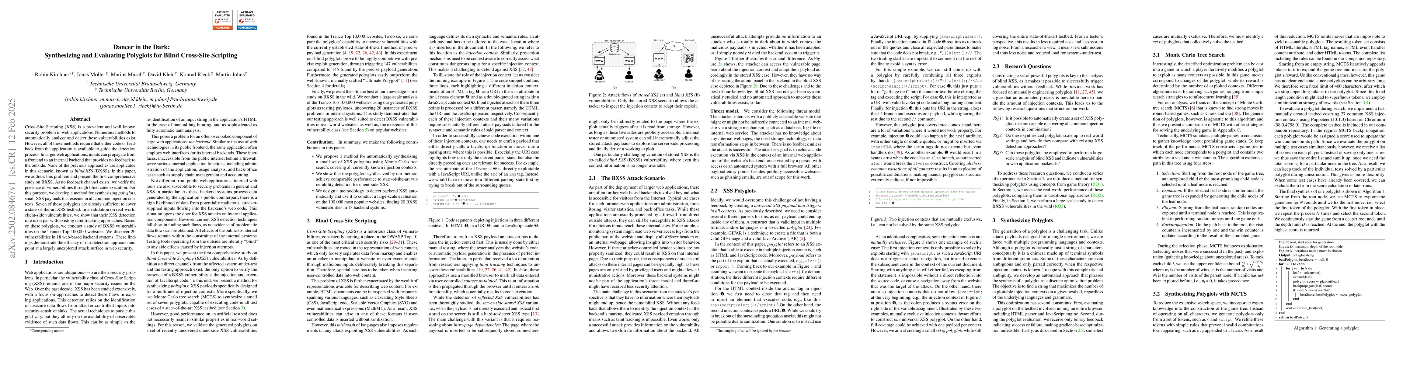 Thumbnail for Dancer in the Dark: Synthesizing and Evaluating Polyglots for Blind
  Cross-Site Scripting