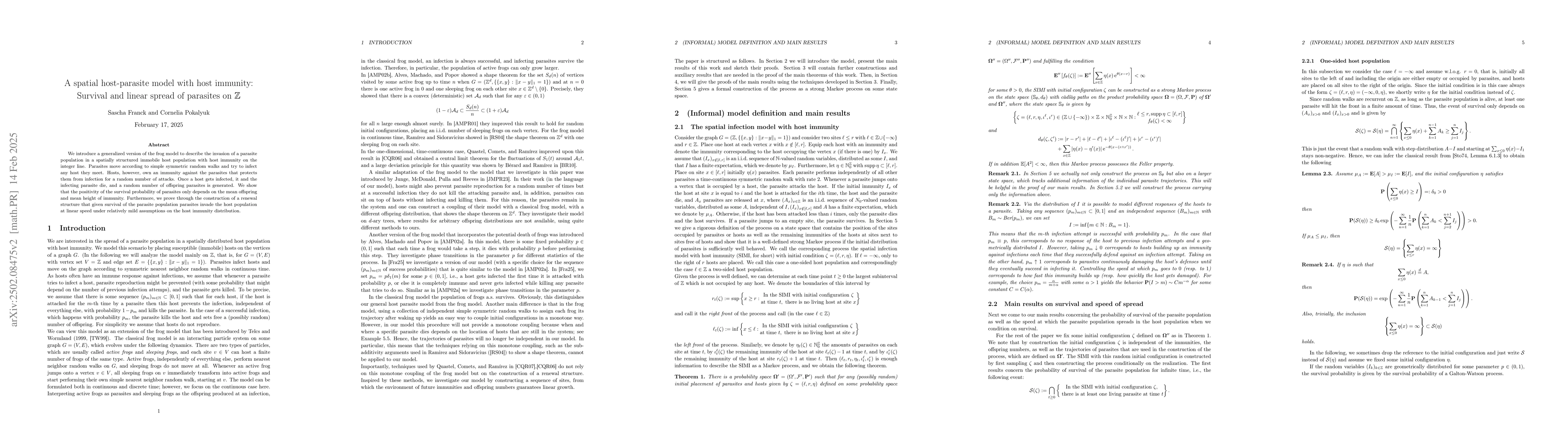 Thumbnail for A spatial host-parasite model with host immunity: Survival and linear
  spread of parasites on $\mathbb{Z}$
