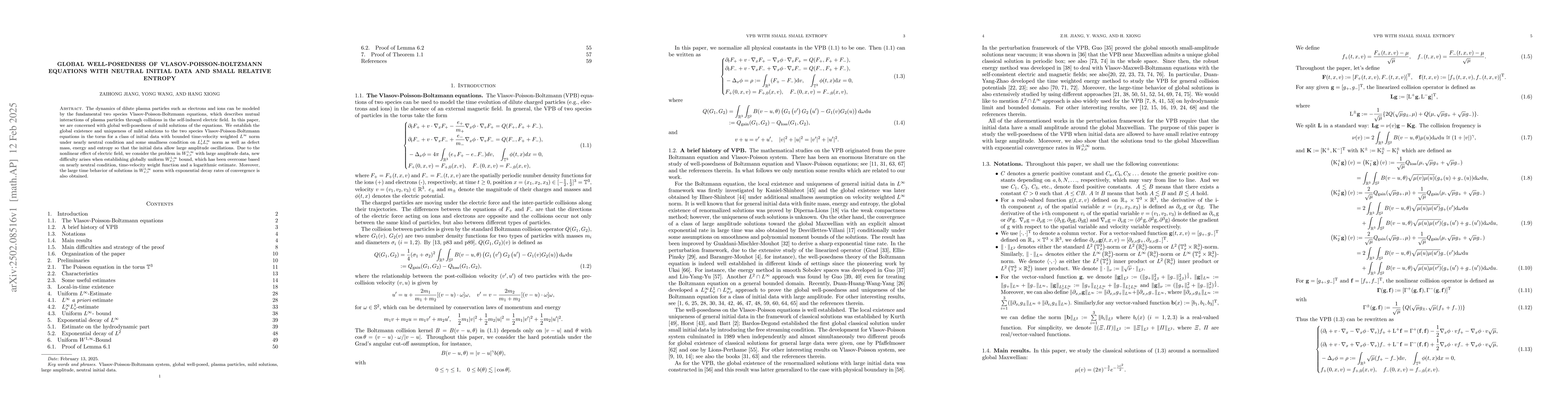 Thumbnail for Global well-posedness of Vlasov-Poisson-Boltzmann equations with neutral
  initial data and small relative entropy