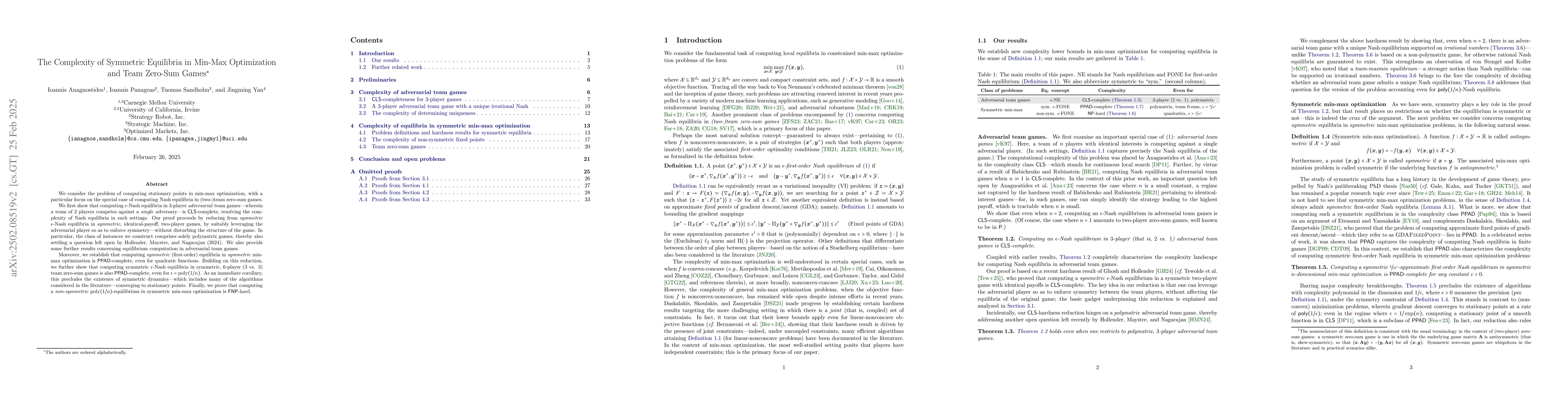Thumbnail for The Complexity of Symmetric Equilibria in Min-Max Optimization and Team
  Zero-Sum Games