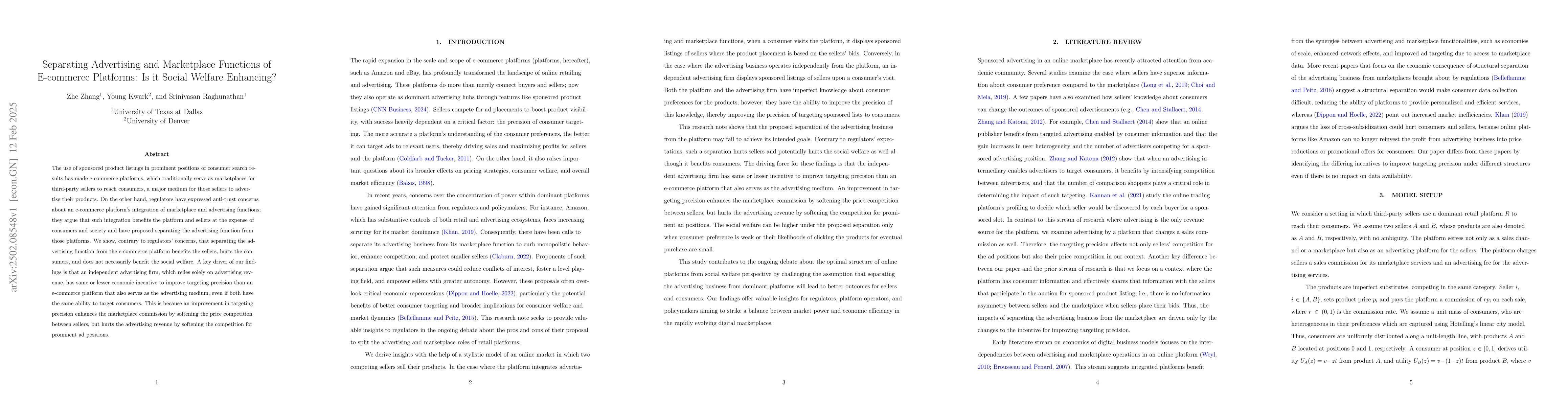 Thumbnail for Separating Advertising and Marketplace Functions of E-commerce
  Platforms: Is it Social Welfare Enhancing?