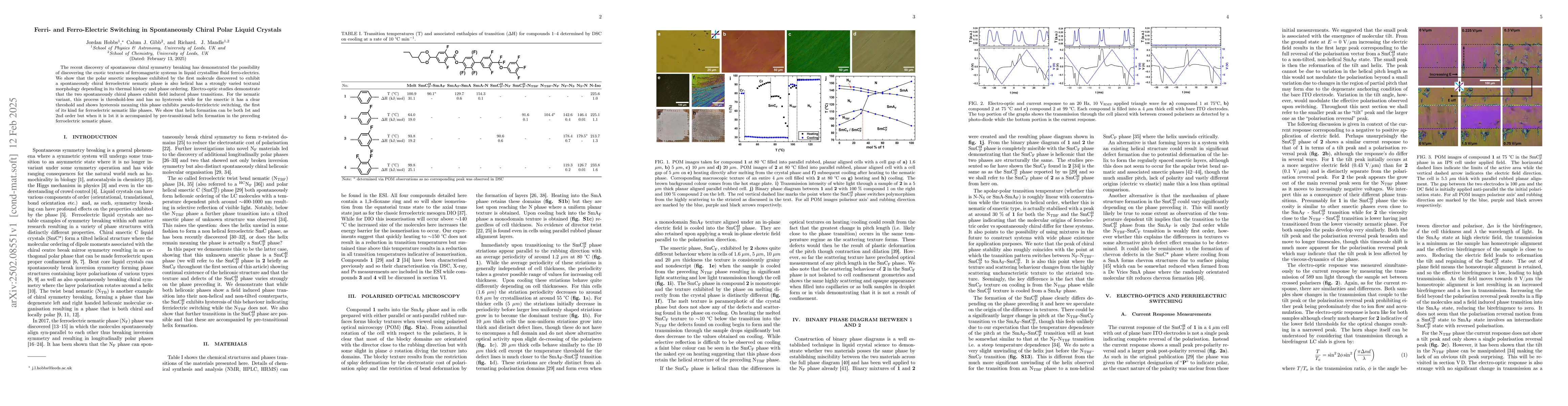 Thumbnail for Ferri- and Ferro-Electric Switching in Spontaneously Chiral Polar Liquid
  Crystals