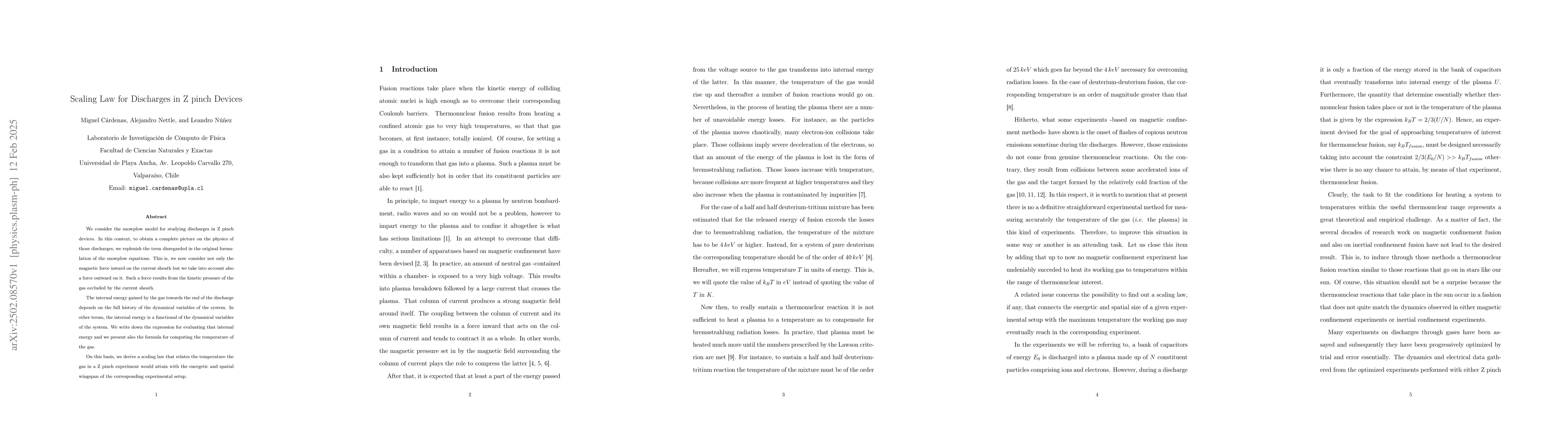Thumbnail for Scaling Law for Discharges in Z pinch Devices