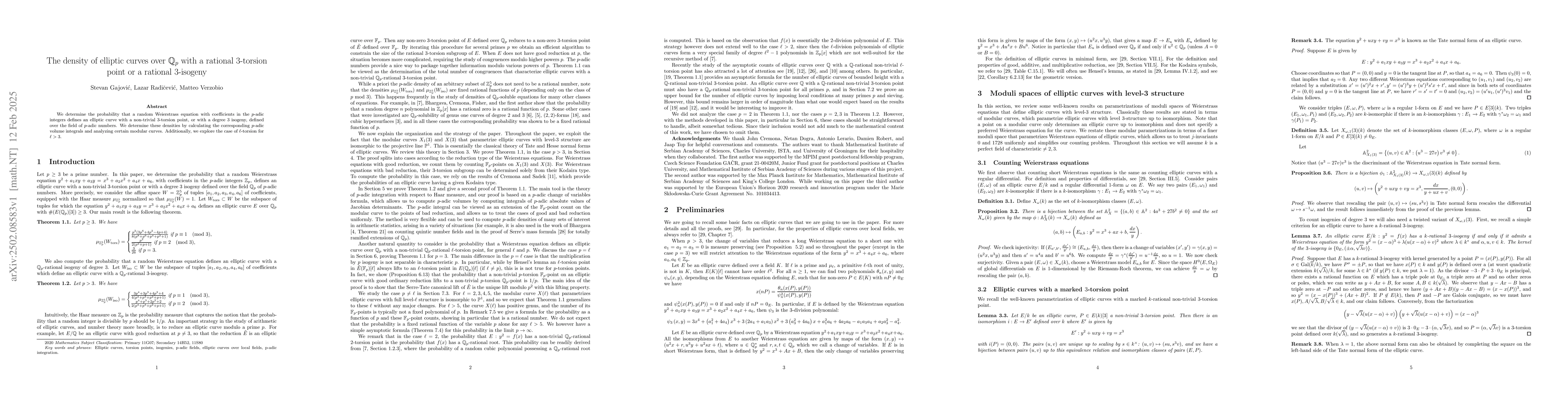 Thumbnail for The density of elliptic curves over $\mathbb{Q}_p$ with a rational
  3-torsion point or a rational 3-isogeny