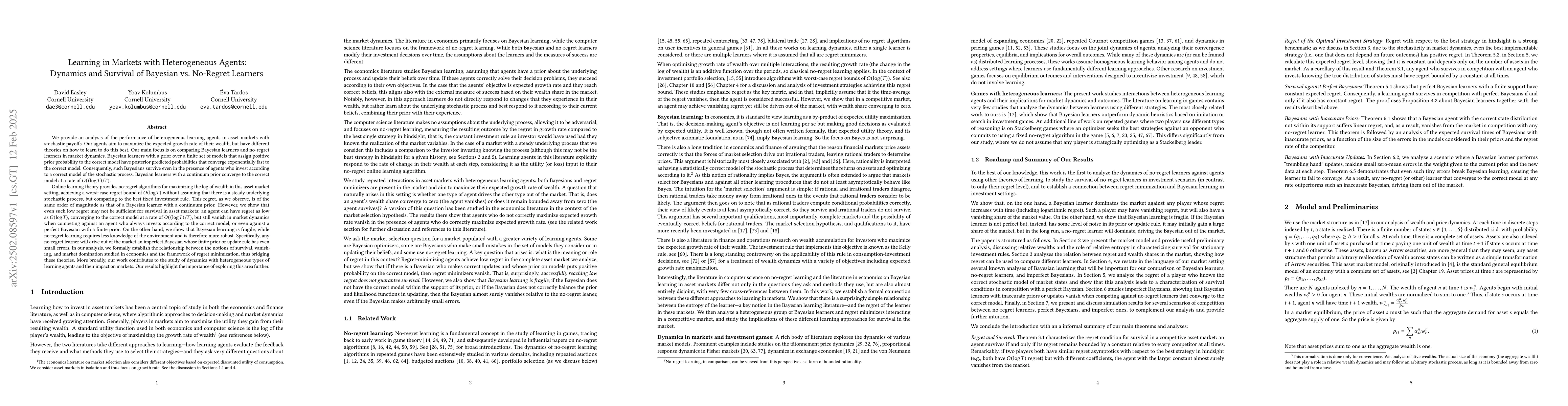 Thumbnail for Learning in Markets with Heterogeneous Agents: Dynamics and Survival of
  Bayesian vs. No-Regret Learners