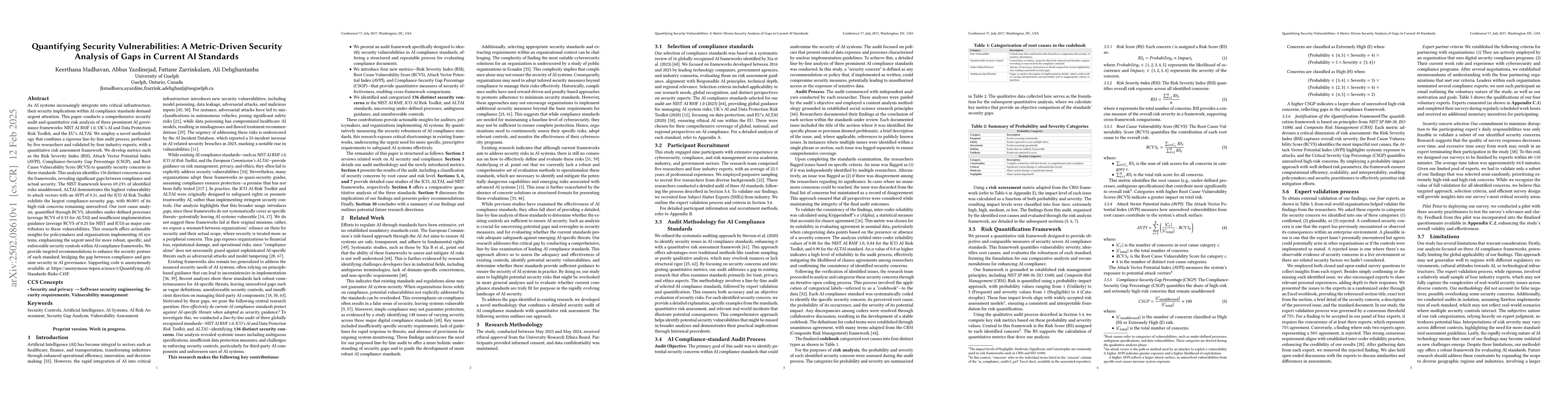 Thumbnail for Quantifying Security Vulnerabilities: A Metric-Driven Security Analysis
  of Gaps in Current AI Standards