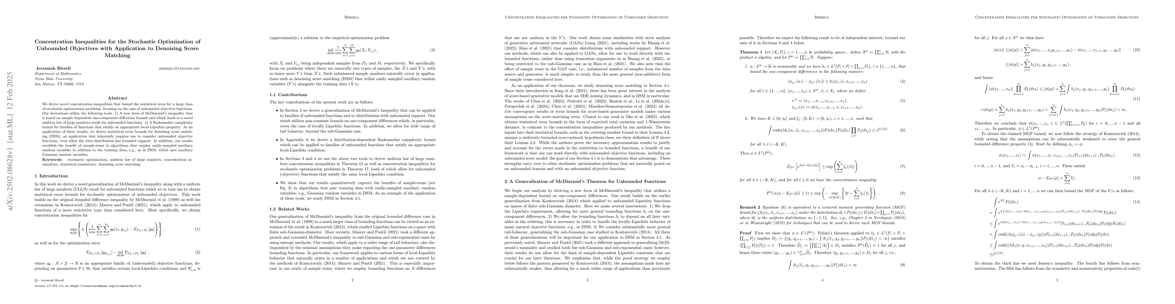 Thumbnail for Concentration Inequalities for the Stochastic Optimization of Unbounded
  Objectives with Application to Denoising Score Matching