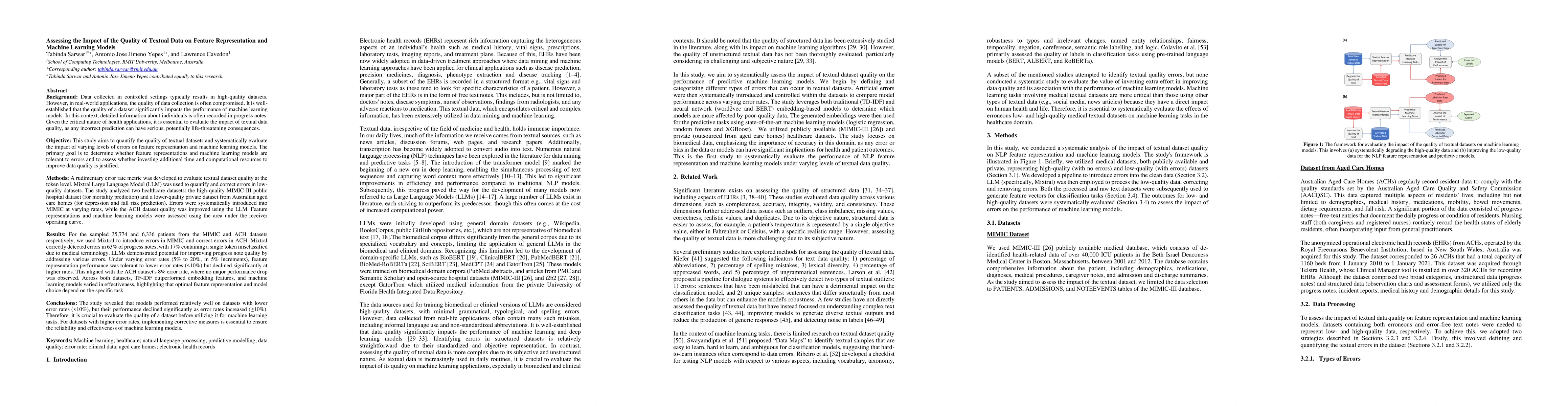 Thumbnail for Assessing the Impact of the Quality of Textual Data on Feature
  Representation and Machine Learning Models