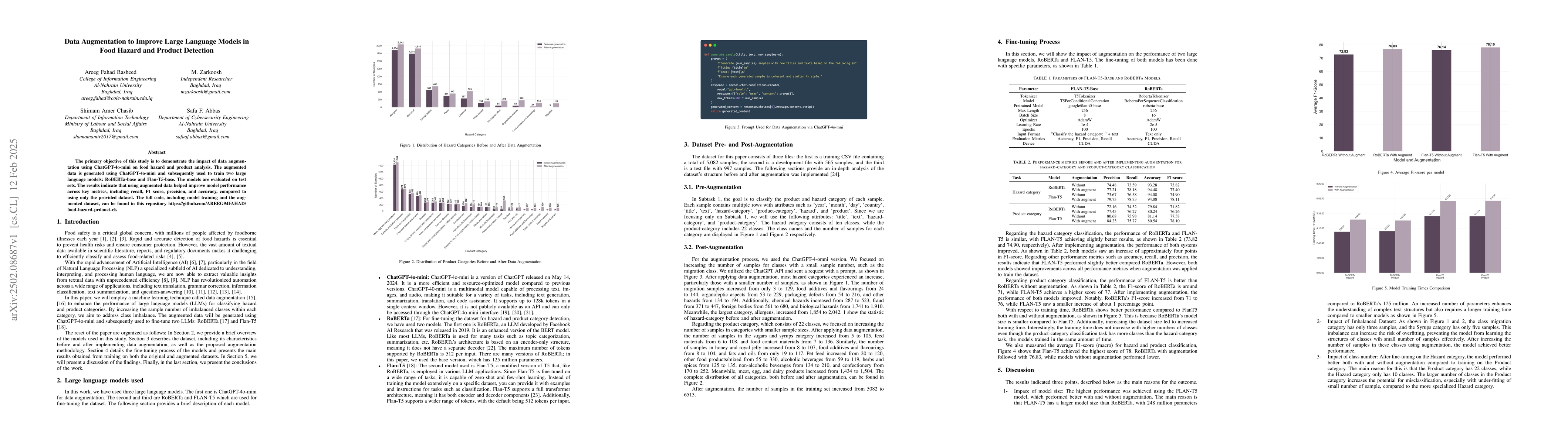 Thumbnail for Data Augmentation to Improve Large Language Models in Food Hazard and
  Product Detection