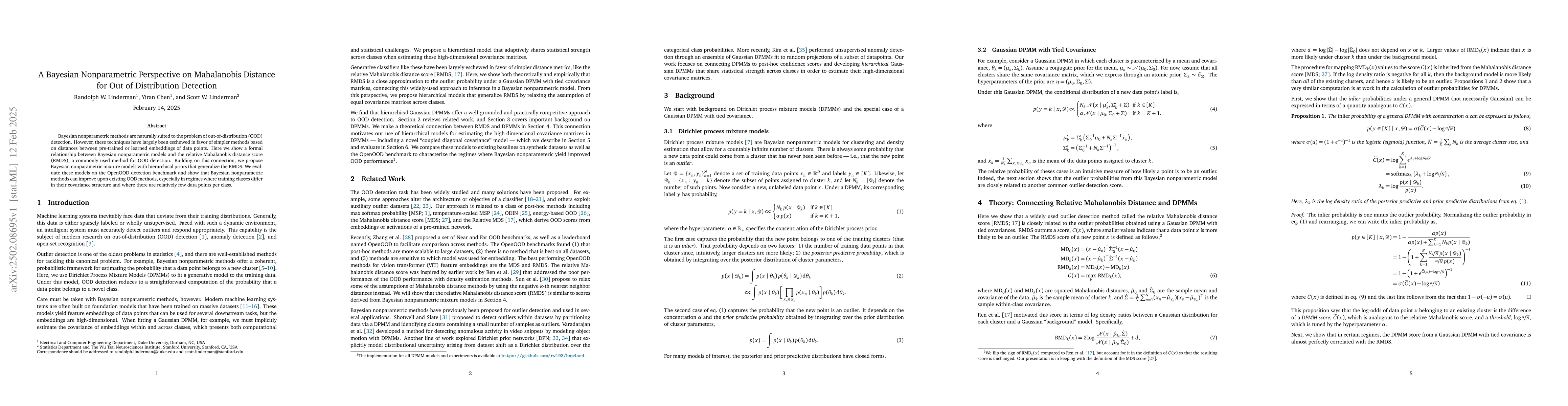 Thumbnail for A Bayesian Nonparametric Perspective on Mahalanobis Distance for Out of
  Distribution Detection