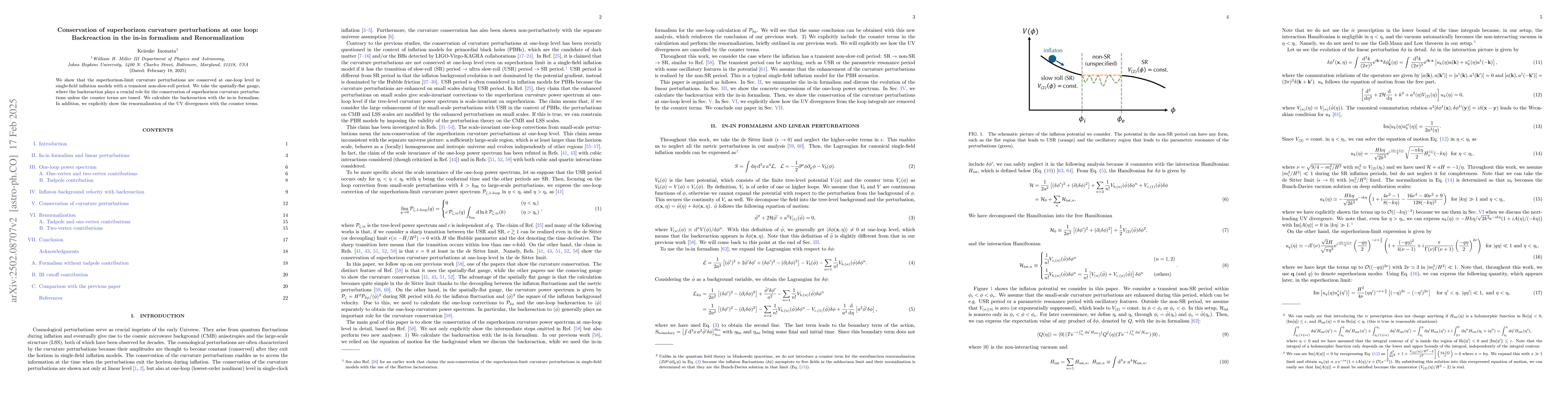 Thumbnail for Conservation of superhorizon curvature perturbations at one loop:
  Backreaction in the in-in formalism and Renormalization