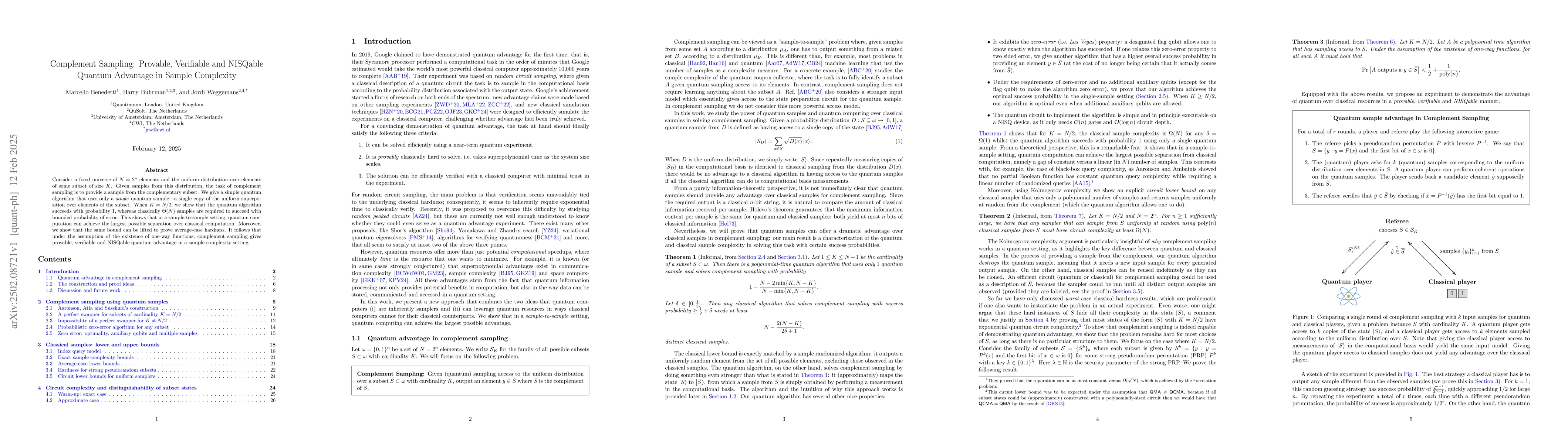 Thumbnail for Complement Sampling: Provable, Verifiable and NISQable Quantum Advantage
  in Sample Complexity