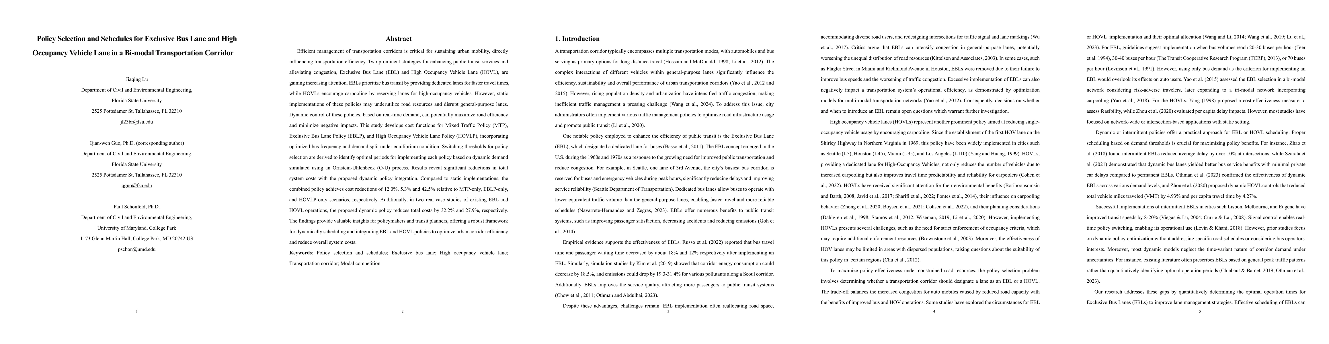 Thumbnail for Policy Selection and Schedules for Exclusive Bus Lane and High Occupancy
  Vehicle Lane in a Bi-modal Transportation Corridor