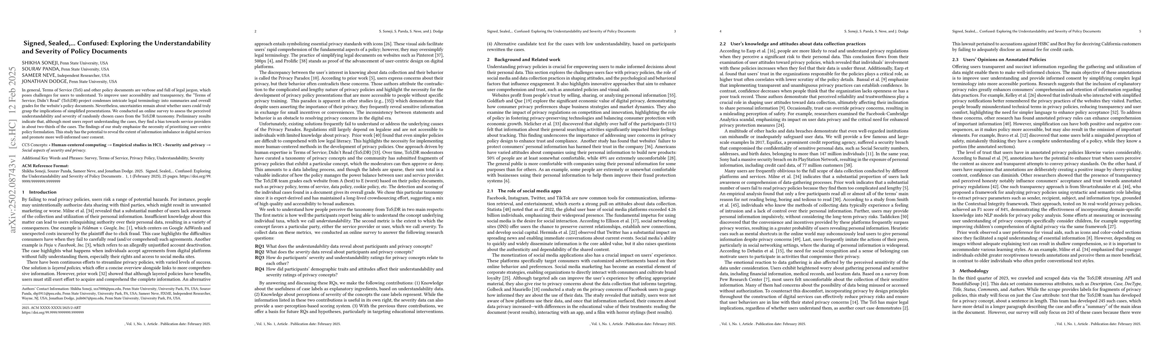 Thumbnail for Signed, Sealed,... Confused: Exploring the Understandability and
  Severity of Policy Documents