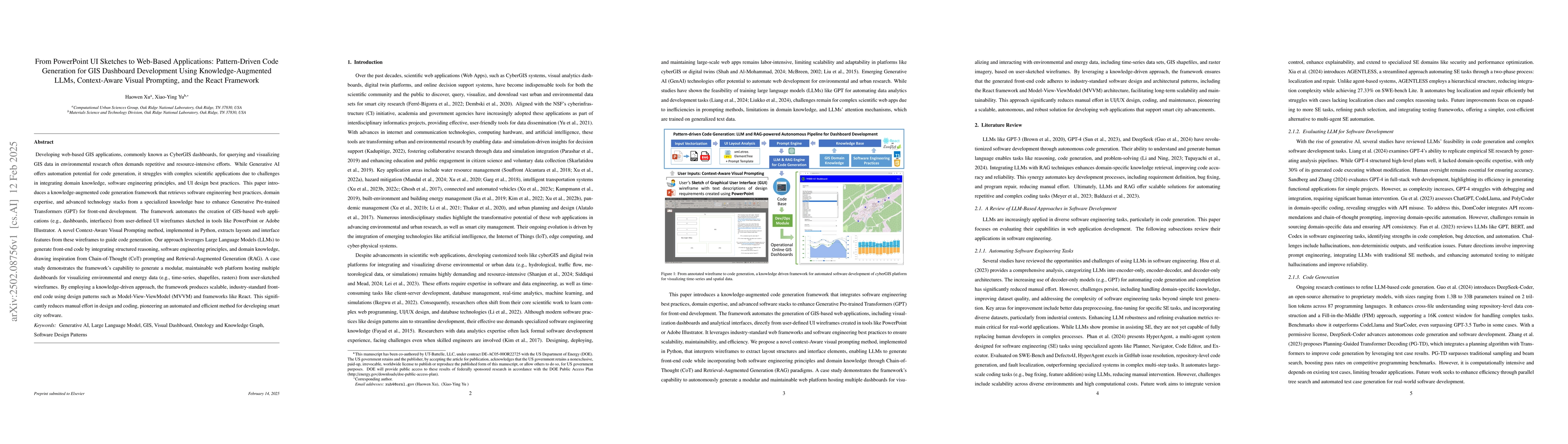 Thumbnail for From PowerPoint UI Sketches to Web-Based Applications: Pattern-Driven
  Code Generation for GIS Dashboard Development Using Knowledge-Augmented LLMs,
  Context-Aware Visual Prompting, and the React Framework