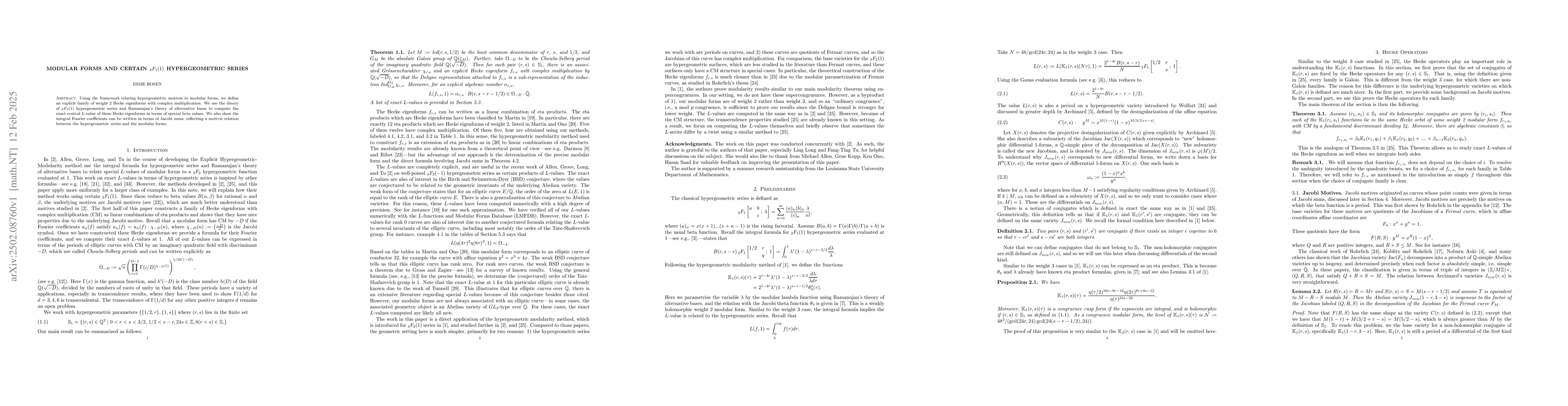 Thumbnail for Modular Forms and Certain ${}_2F_1(1)$ Hypergeometric Series