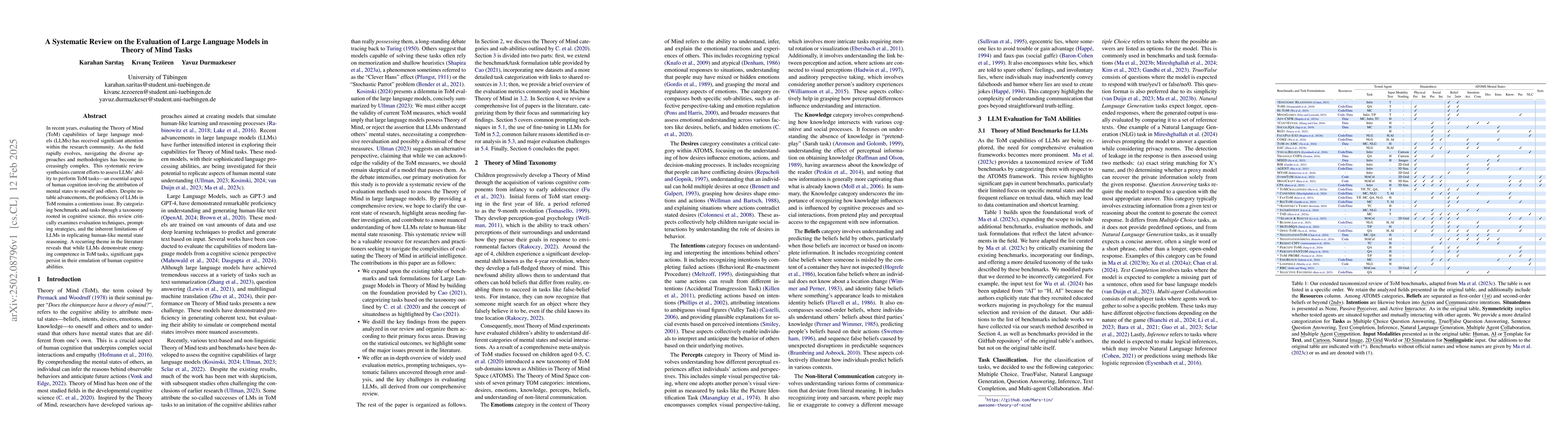 Thumbnail for A Systematic Review on the Evaluation of Large Language Models in Theory
  of Mind Tasks