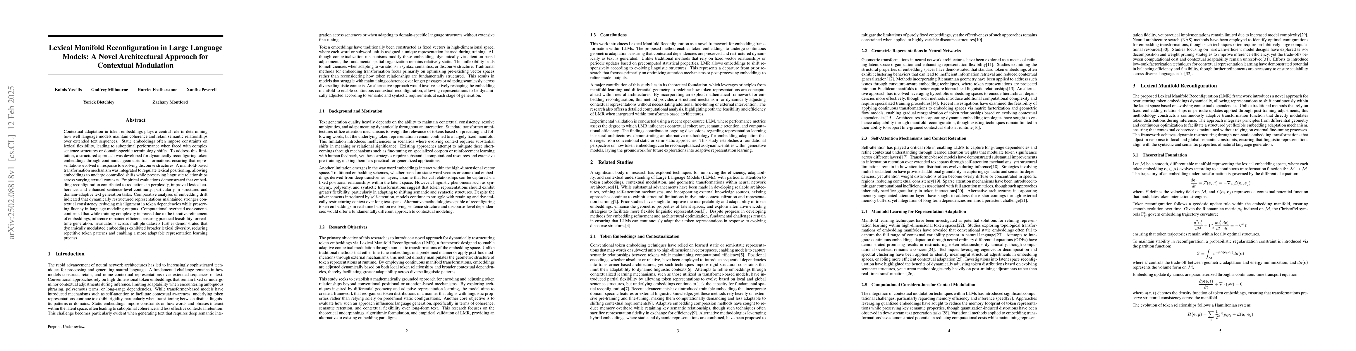 Thumbnail for Lexical Manifold Reconfiguration in Large Language Models: A Novel
  Architectural Approach for Contextual Modulation