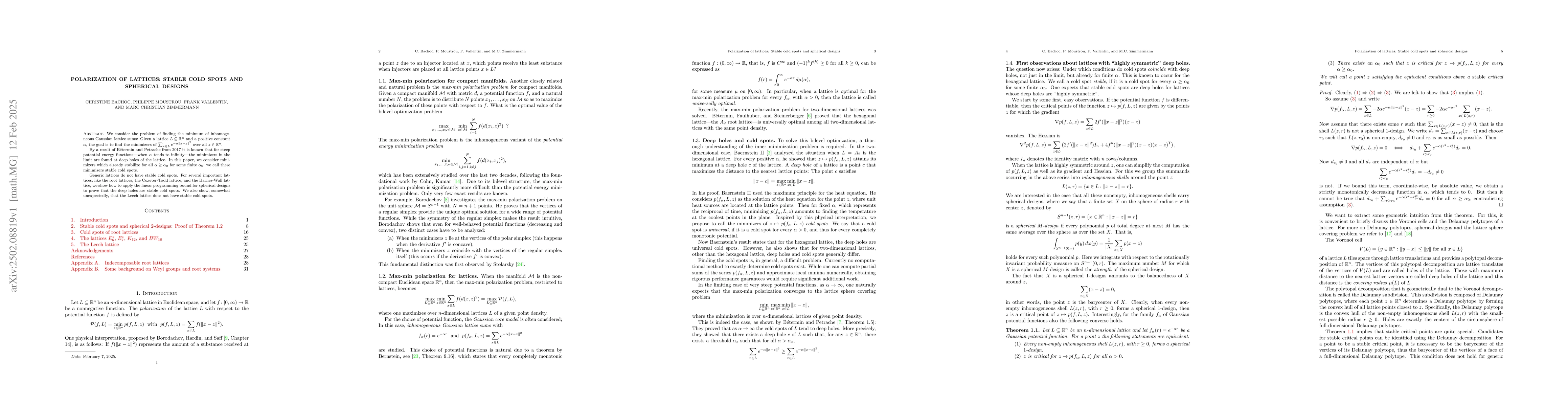 Thumbnail for Polarization of lattices: Stable cold spots and spherical designs