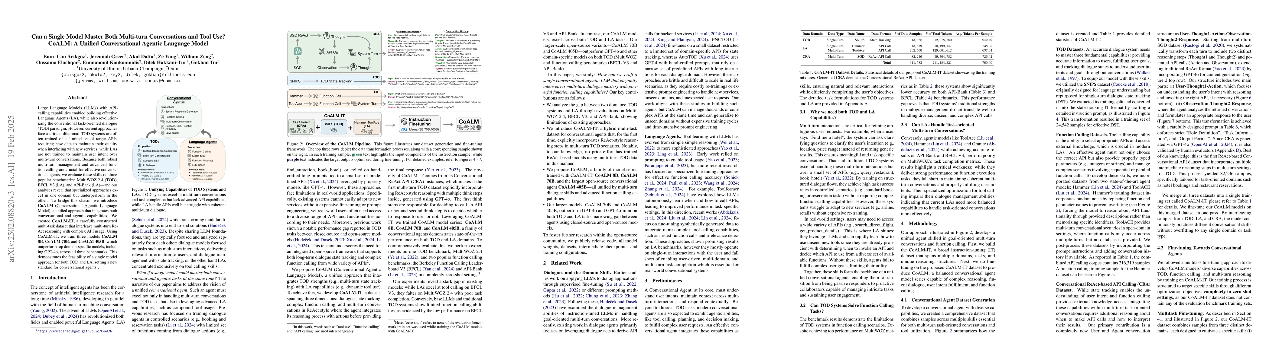 Thumbnail for Can a Single Model Master Both Multi-turn Conversations and Tool Use?
  CoALM: A Unified Conversational Agentic Language Model