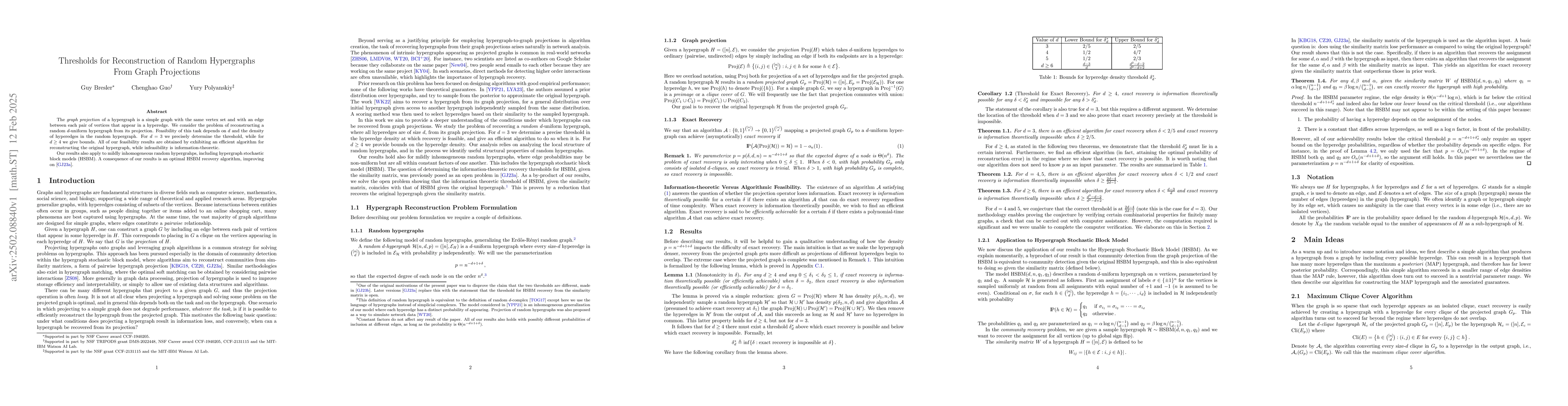 Thumbnail for Thresholds for Reconstruction of Random Hypergraphs From Graph
  Projections