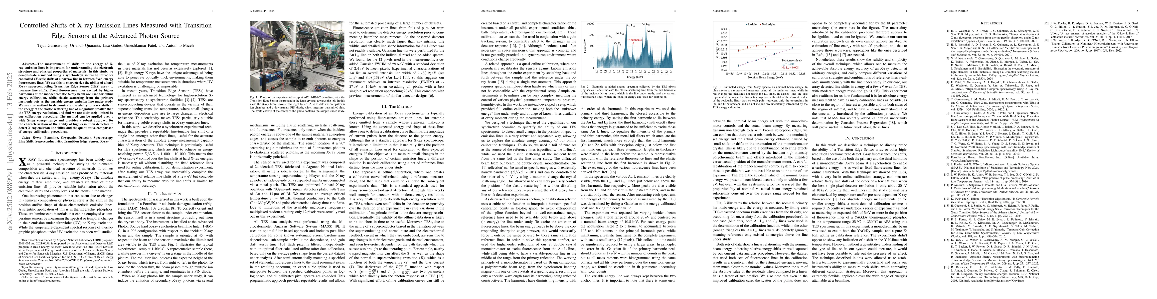 Thumbnail for Controlled Shifts of X-ray Emission Lines Measured with Transition Edge
  Sensors at the Advanced Photon Source