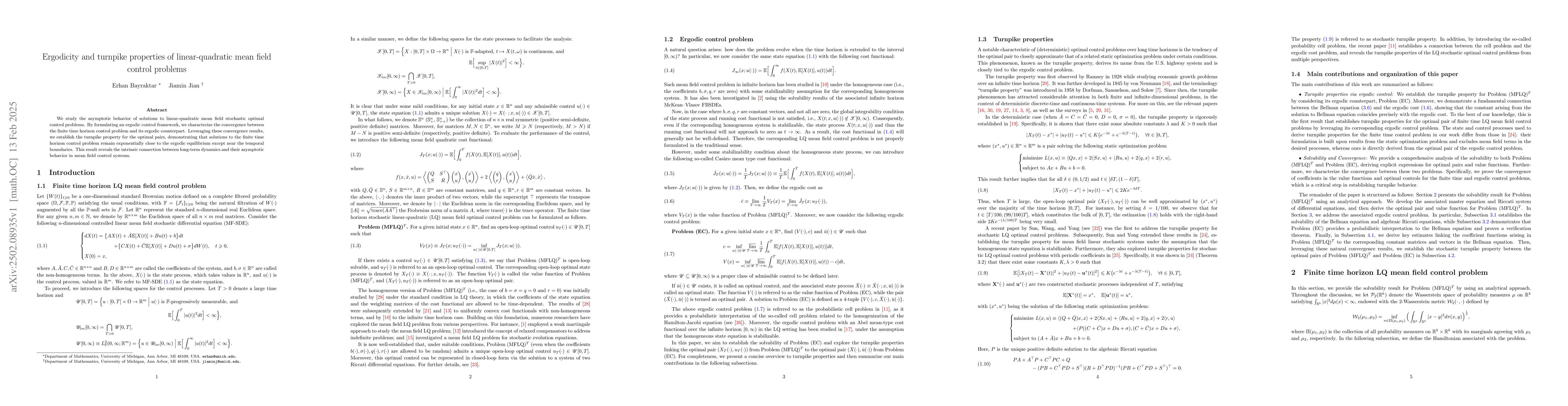 Thumbnail for Ergodicity and turnpike properties of linear-quadratic mean field
  control problems
