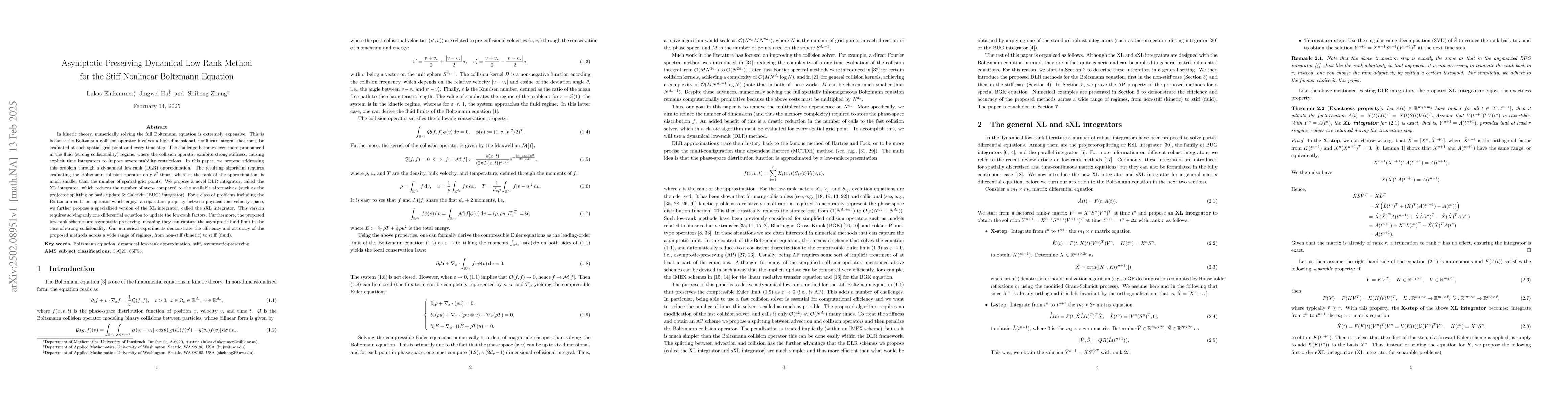Thumbnail for Asymptotic-Preserving Dynamical Low-Rank Method for the Stiff Nonlinear
  Boltzmann Equation