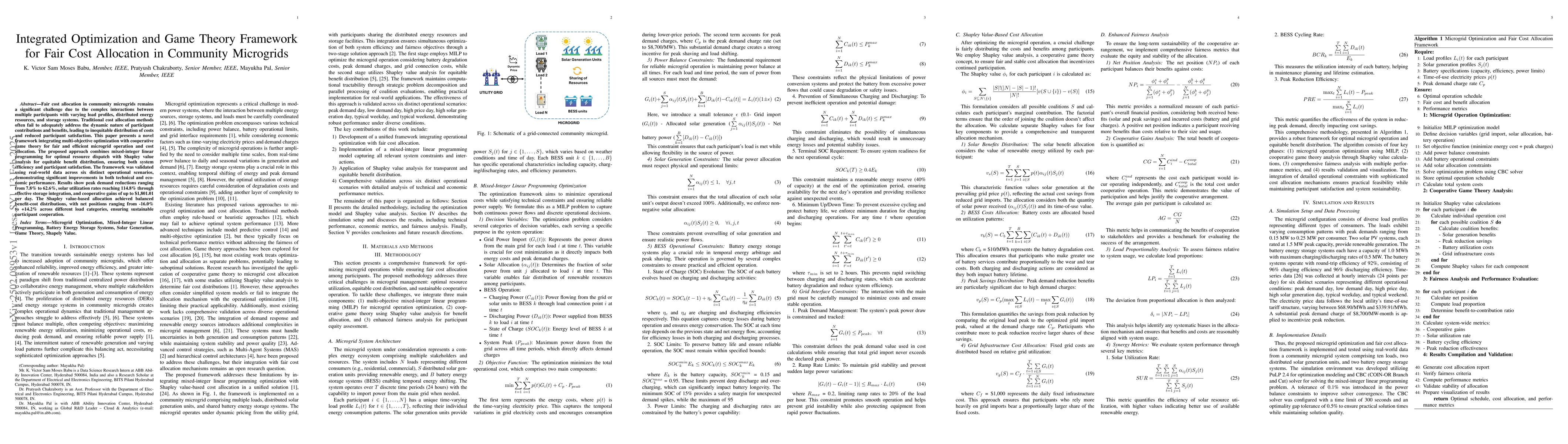 Thumbnail for Integrated Optimization and Game Theory Framework for Fair Cost
  Allocation in Community Microgrids