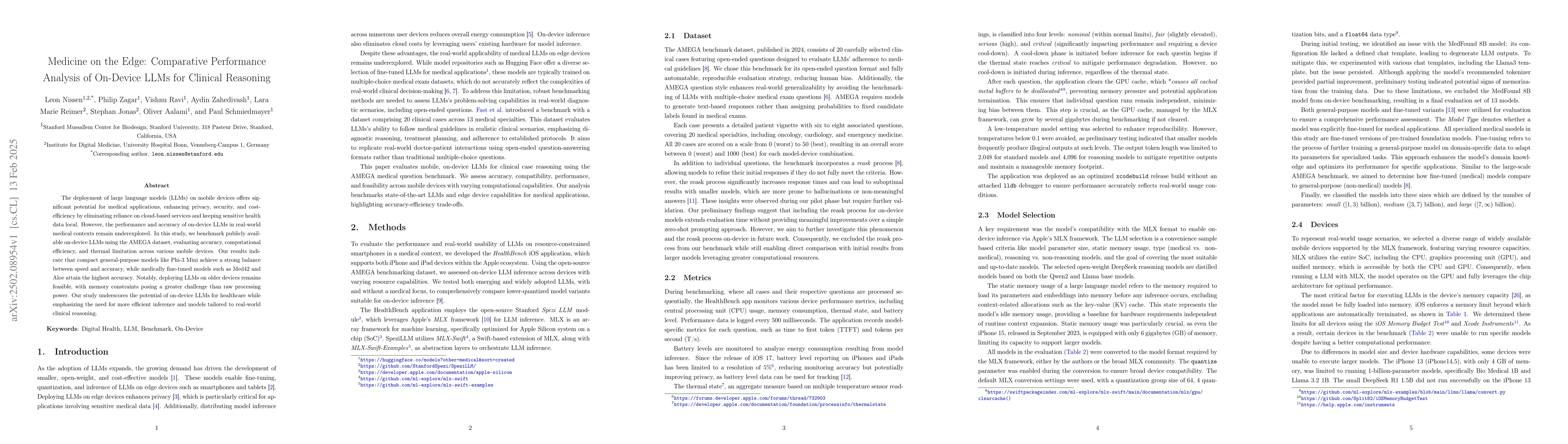 Thumbnail for Medicine on the Edge: Comparative Performance Analysis of On-Device LLMs
  for Clinical Reasoning