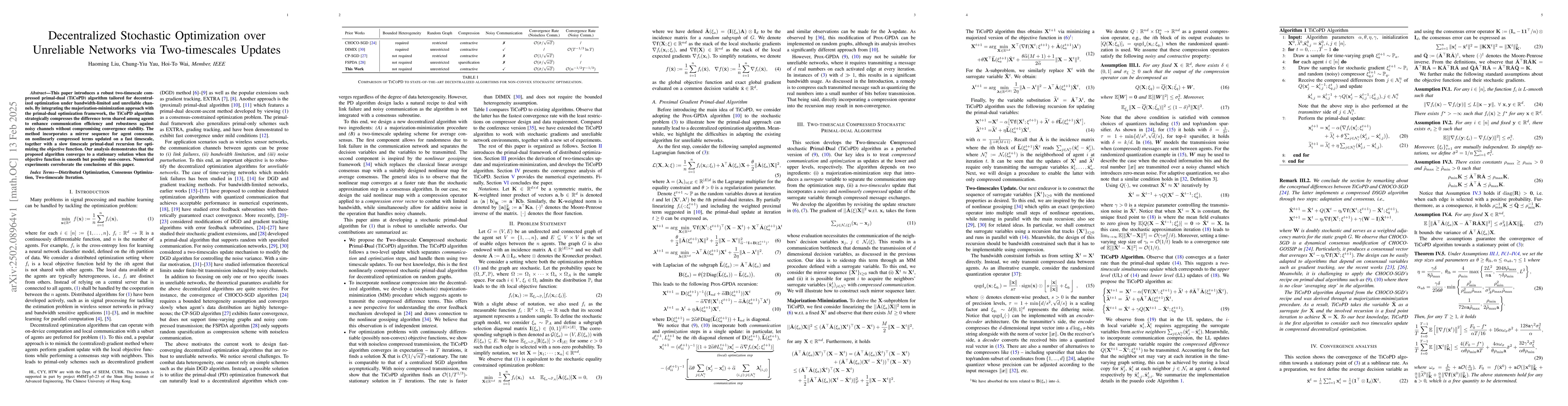 Thumbnail for Decentralized Stochastic Optimization over Unreliable Networks via
  Two-timescales Updates