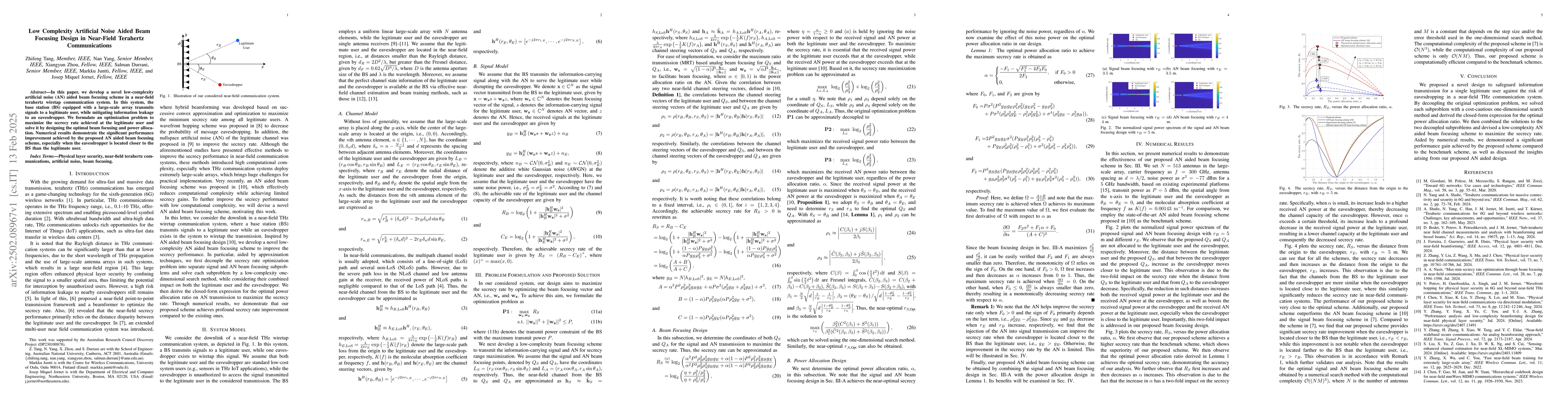 Thumbnail for Low Complexity Artificial Noise Aided Beam Focusing Design in Near-Field
  Terahertz Communications