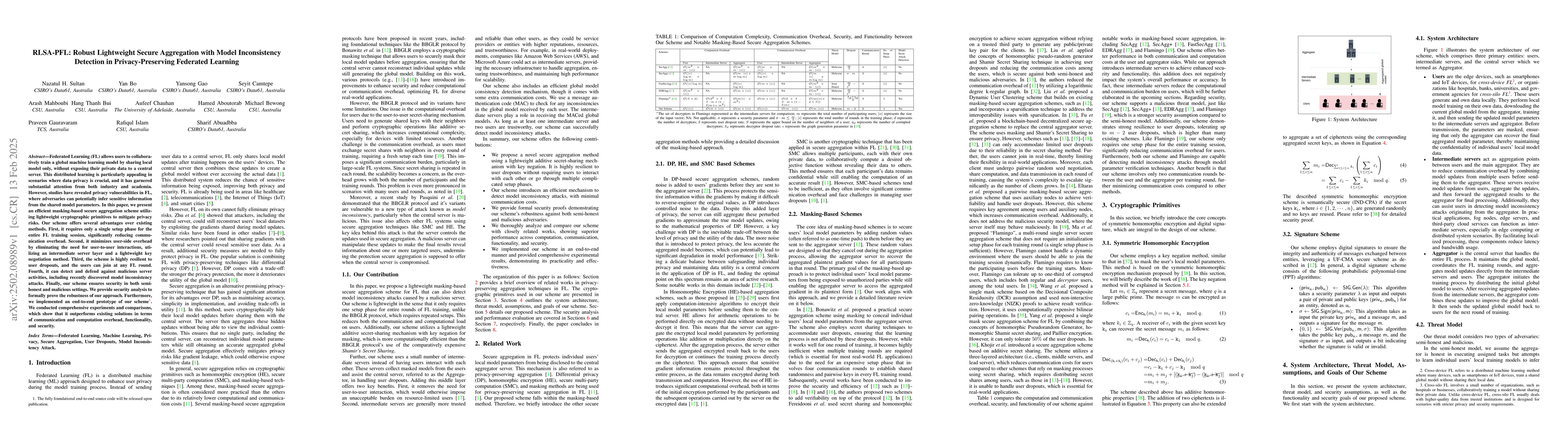 Thumbnail for RLSA-PFL: Robust Lightweight Secure Aggregation with Model Inconsistency
  Detection in Privacy-Preserving Federated Learning