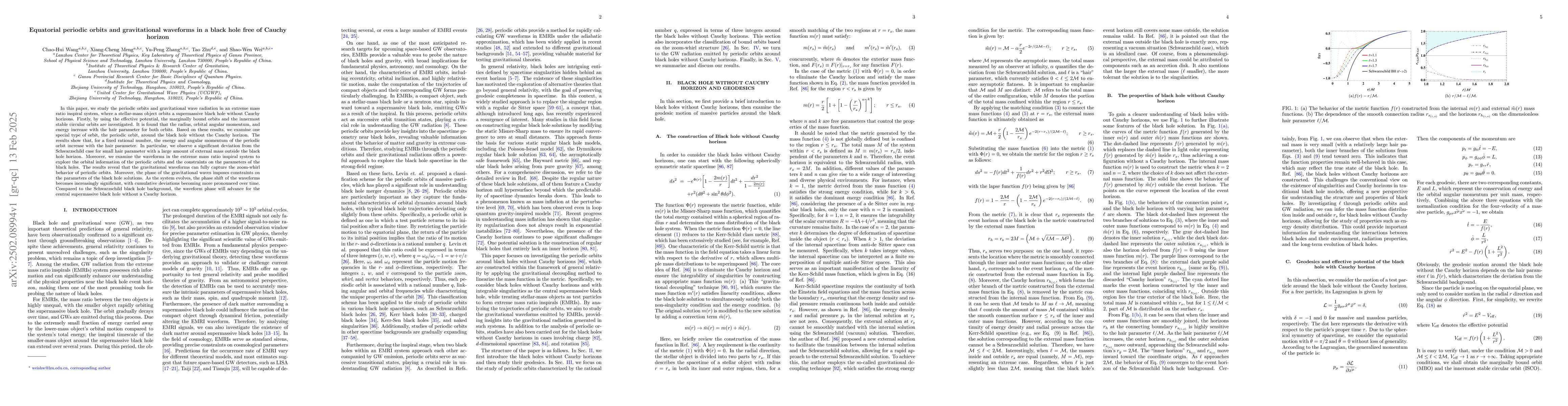 Thumbnail for Equatorial periodic orbits and gravitational waveforms in a black hole
  free of Cauchy horizon