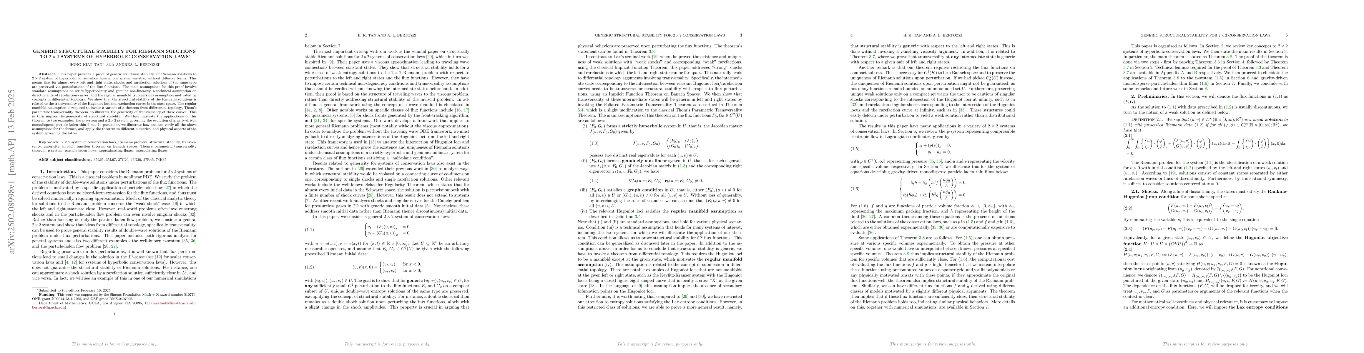 Thumbnail for Generic Structural Stability for $2 \times 2$ Systems of Hyperbolic
  Conservation Laws