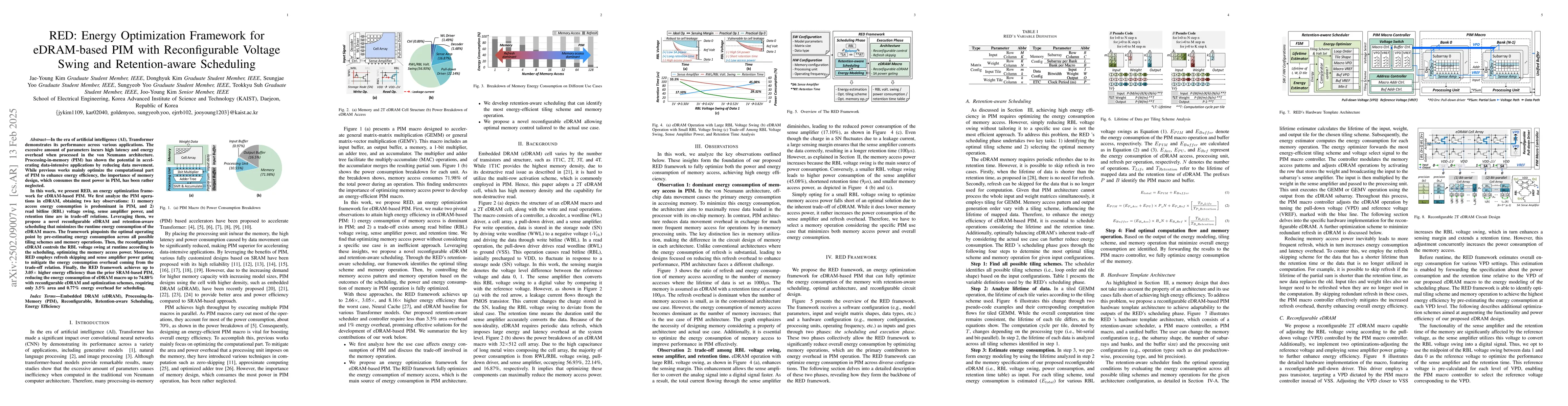 Thumbnail for RED: Energy Optimization Framework for eDRAM-based PIM with
  Reconfigurable Voltage Swing and Retention-aware Scheduling