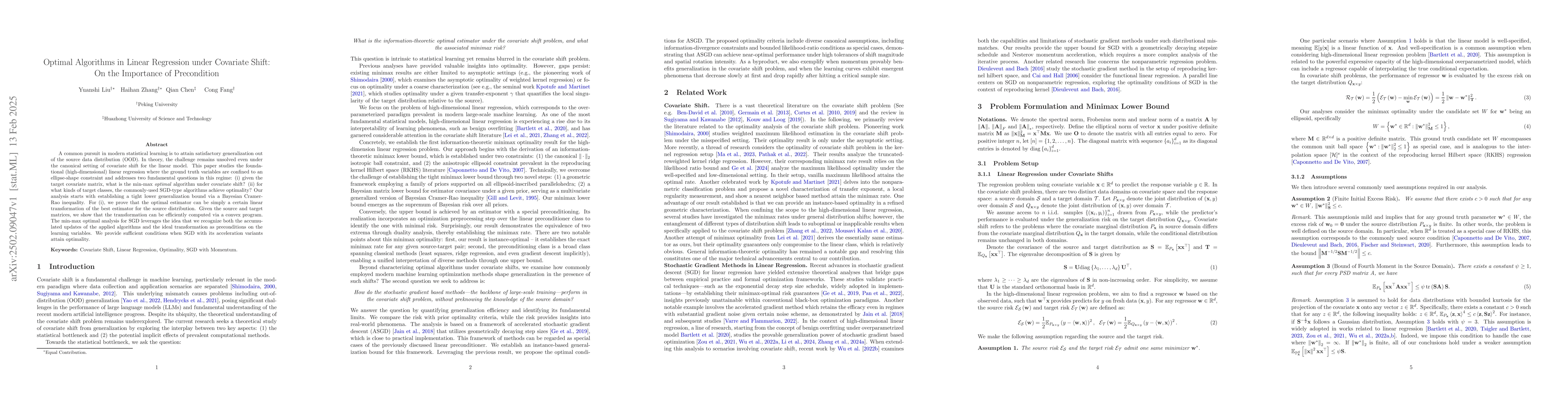 Thumbnail for Optimal Algorithms in Linear Regression under Covariate Shift: On the
  Importance of Precondition
